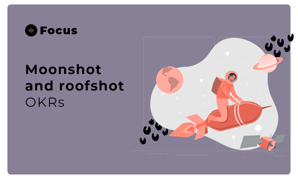 Title Image "Moonshot and Roofshot OKR" with astronaut riding a rocket in space. Red and Purple theme. 